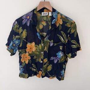 CHICO'S Women’s Short Sleeve Button Up Silk Blouse Blue/Green Leaves Size 0